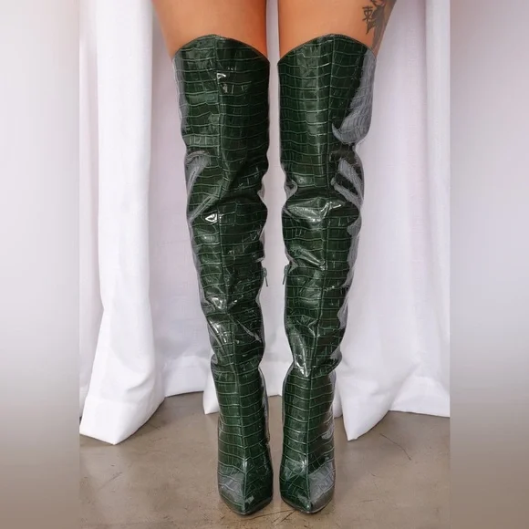 Fashion Nova Green Croc-Embossed Over The Knee Boots | Size 7.5 | Stiletto Heel - Picture 3 of 8